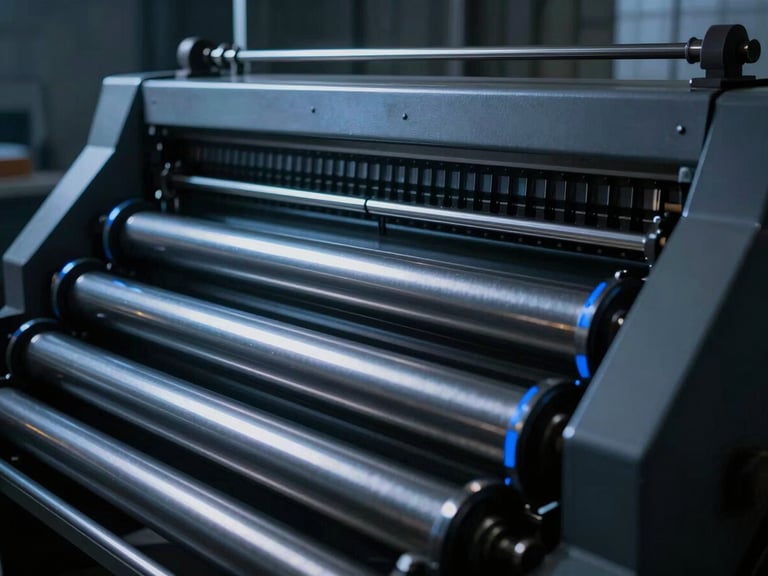 Close-up cinematic shot of a large industrial printing press, rollers in motion, blue light reflections on metallic surfaces, dramatic low-key studio lighting, high contrast, ultra-modern.