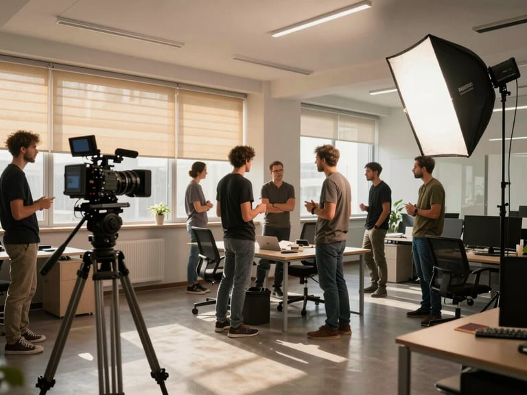 Wide environmental shot of a small professional film crew setting up a key light and reflector inside a modern Pristina office, a camera on a tripod in the foreground, warm afternoon sun slanting through venetian blinds, crew members in focused conversation mid-setup, shot from across the room at eye level