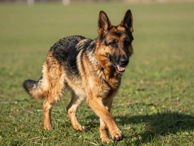 Close-up of a German Shepherd executing a precise training command on a manicured grass field, morning light, sharp focus on the dog's expression, rich warm tan and black coat.