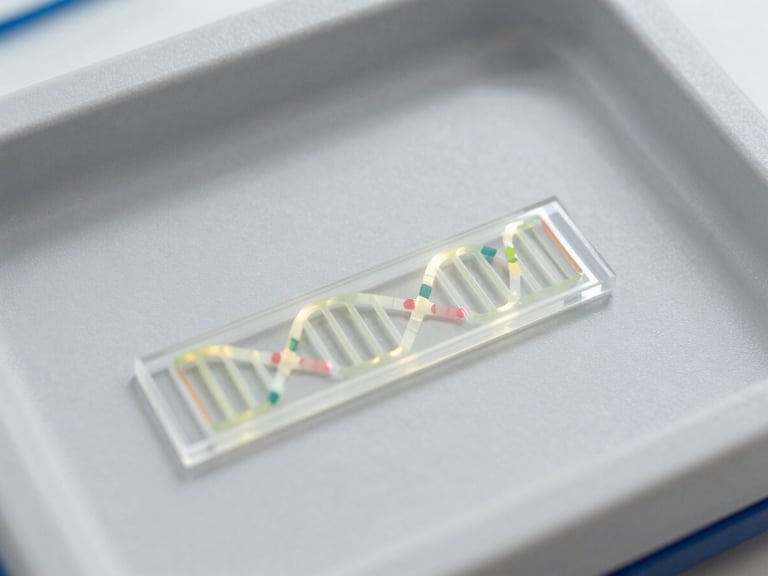 Macro shot of glowing DNA bands on a gel in a BioMol for All visualization unit, clear and crisp details, neutral studio lighting, 35mm lens.