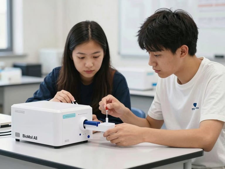 Medium shot of two students collaboratively setting up a BioMol for All PCR unit on a classroom desk, engaged expressions, clean scientific photography, 35mm lens.