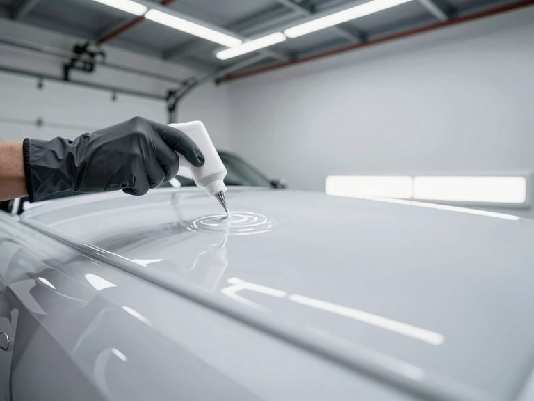 Technician applying a clear polyaspartic topcoat, showing the liquid sheen and fast-drying process, bright garage setting, high contrast, wide-angle.