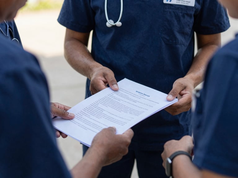 Gros plan sur les mains d'un membre de l'équipe transmettant un document officiel et des fournitures médicales à un partenaire local, lumière naturelle, ton bleu marine.