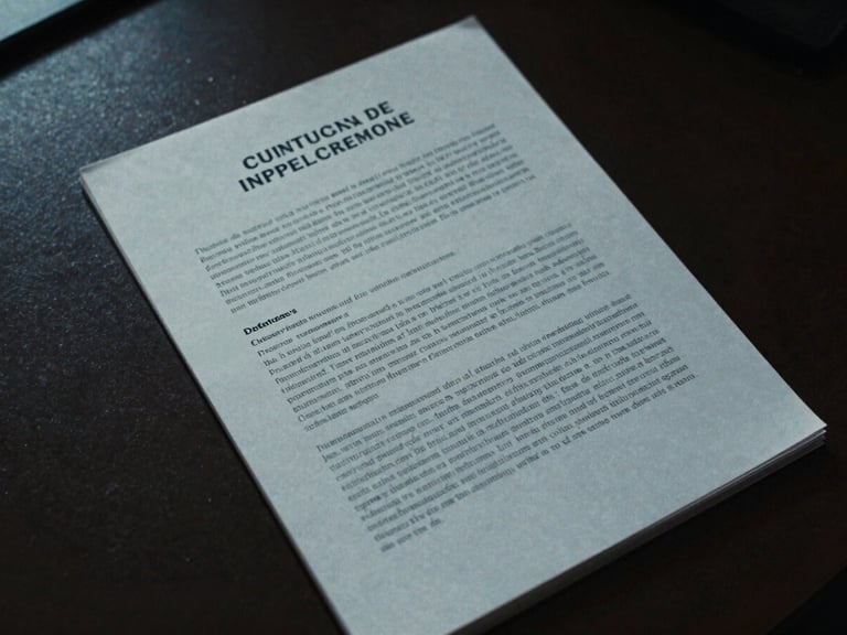 Overhead shot of a detailed, redacted intelligence brief on a dark desk, cool desaturated tones, dramatic directional light, sharp focus.