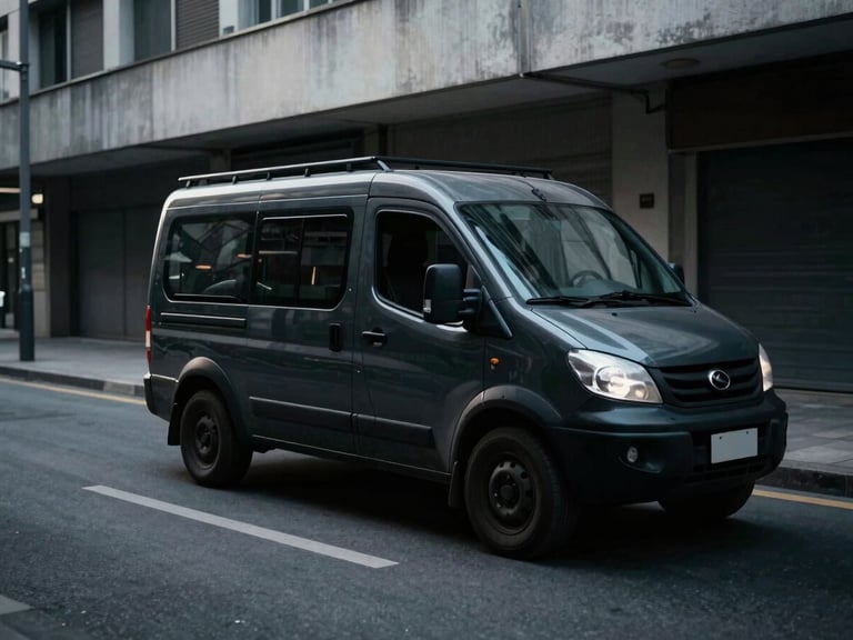 Low-key editorial photography of a clean, dark unmarked utility vehicle in transit through an overcast urban corridor, cool-toned shadows, sharp focus.