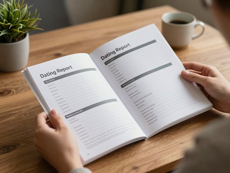 Medium shot of a woman's hands holding open a printed Dating Report Card booklet at a wooden table, warm studio light from the left, a small plant and ceramic cup visible in the soft background, focus on the open pages