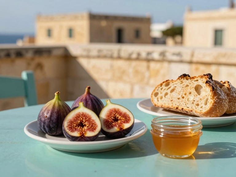 Candid close-up of a breakfast table on a sunny terrace in Gozo, fresh local figs, honey, sourdough bread, limestone background, warm sunlight