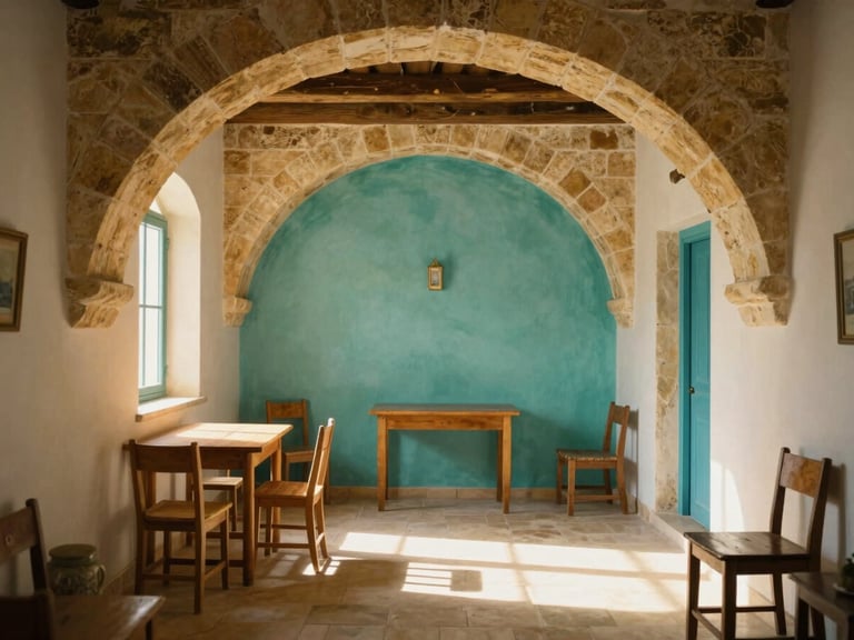 Warm editorial photo of a rustic Gozo farmhouse interior, sun beams lighting up exposed limestone arches, minimal wooden furniture, 35mm