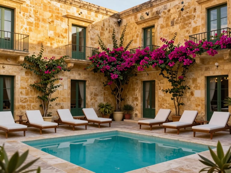 Boutique hotel courtyard in Gozo with bougainvillea climbing up golden limestone walls, small plunge pool, relaxing sun loungers, warm afternoon light