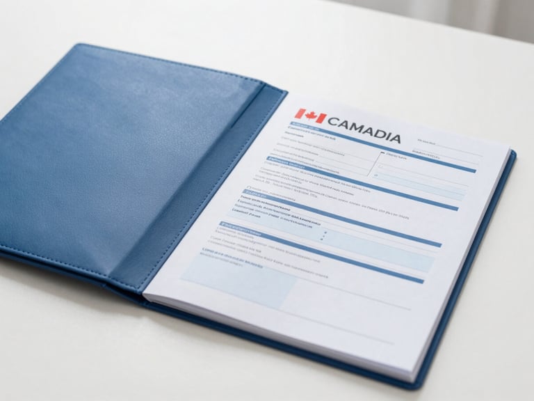 Organized travel folder with Canadian visa application forms, clean white workspace, soft morning light