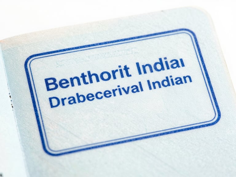 Close-up of a British visa stamp on an Indian passport page, clean daylight, professional travel document photography