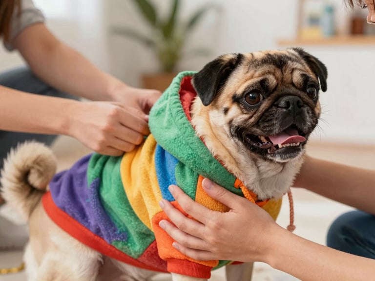 Warm close-up of hands gently fitting a colorful handmade hoodie on a happy pug, family workshop setting in Celaya, natural light.