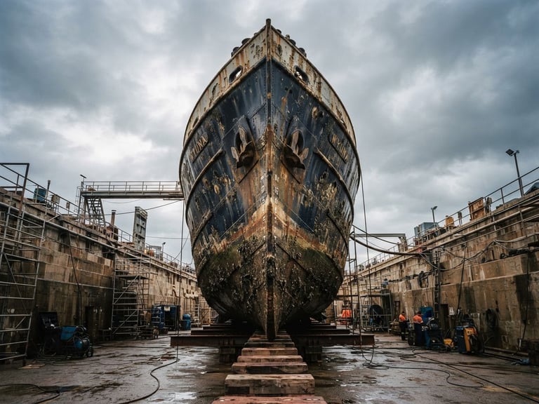 Low-angle heroic shot of the MV Wyuna bow in dry dock, weathered steel plates, overcast coastal daylight, dramatic shadows, 35mm lens