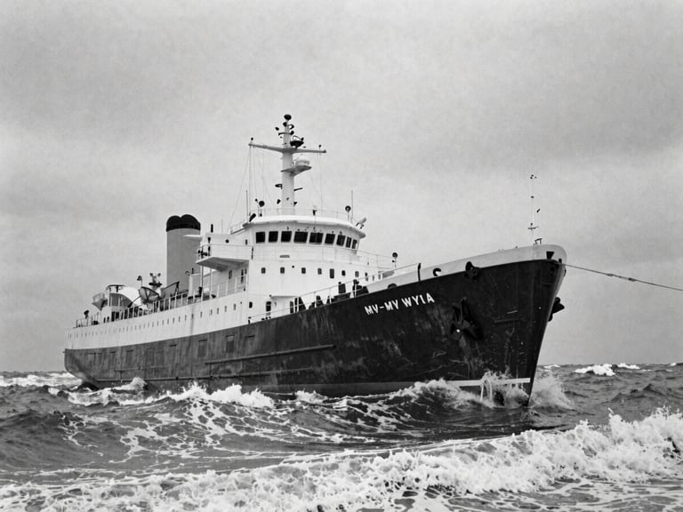 Archival black-and-white photograph of the MV Wyuna battling rough seas at the Rip, dramatic, low-angle, 35mm lens.