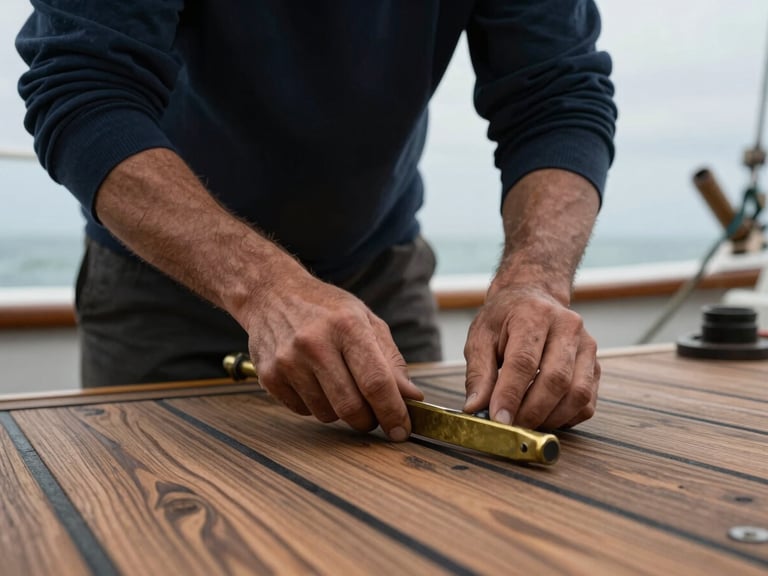 Close-up of a shipwright's hands working on a teak deck, focused, detailed, natural light, 35mm lens.