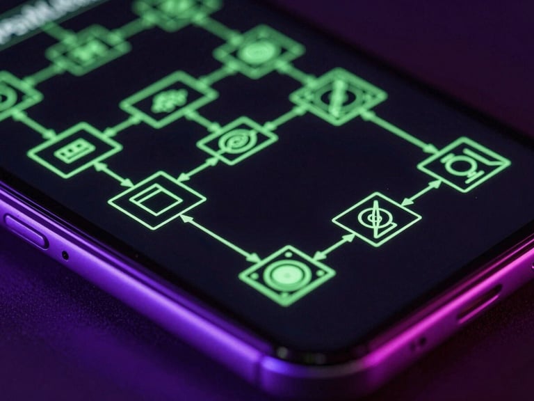 Extreme macro shot of a flagship Android screen displaying dynamic neon green wireframes of a game loop architecture, dark environment, vivid purple edge lighting reflecting off the glass.