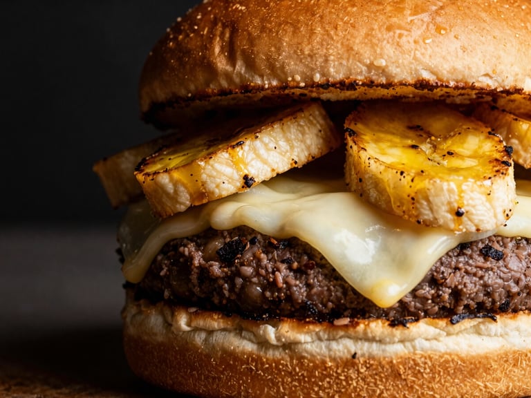 Extreme close-up of a premium burger with grilled white cheese and sweet plantain, golden lighting, dark backdrop