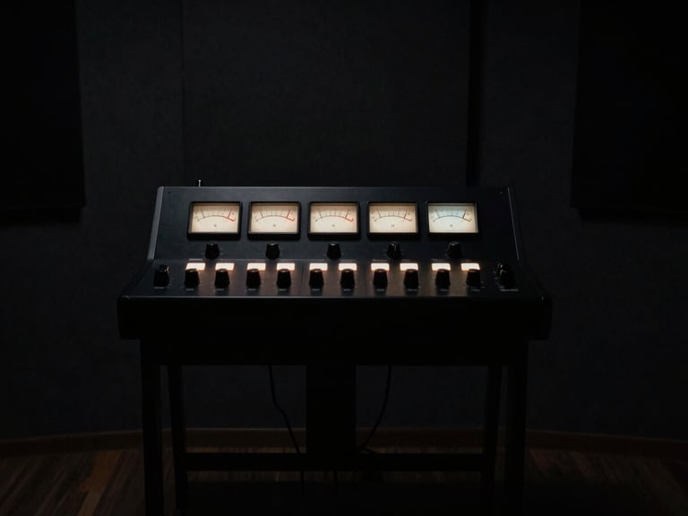 Minimalist soundboard in a dark recording studio, glowing level meters, low-key atmospheric lighting, desaturated.