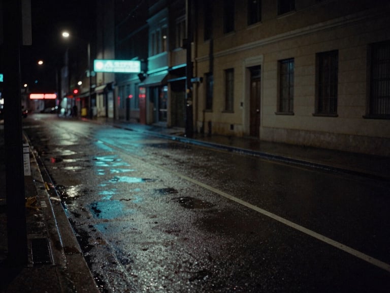 Desaturated urban street at night, wet asphalt reflecting faint neon cyan signs, cinematic composition, 35mm film grain.