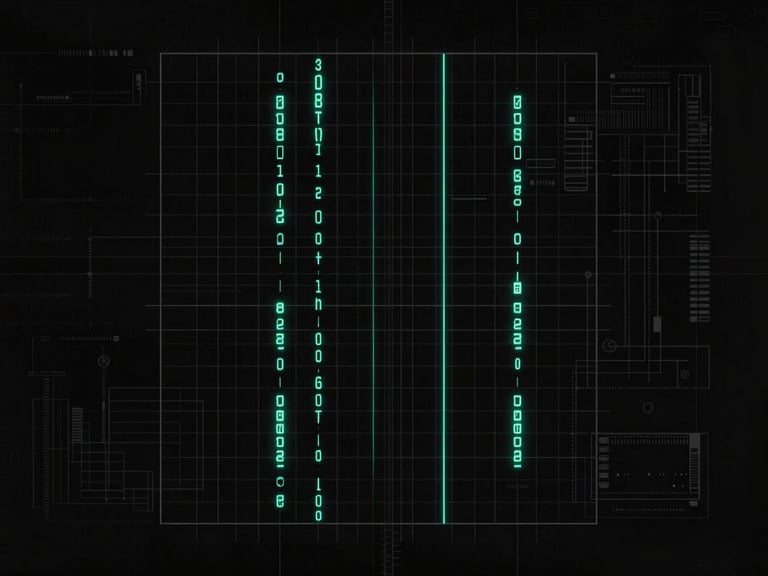 Minimalist dark terminal interface showing a complex geometric grid, sharp neon cyan matrix data, desaturated technical schematic, cinematic low-key lighting