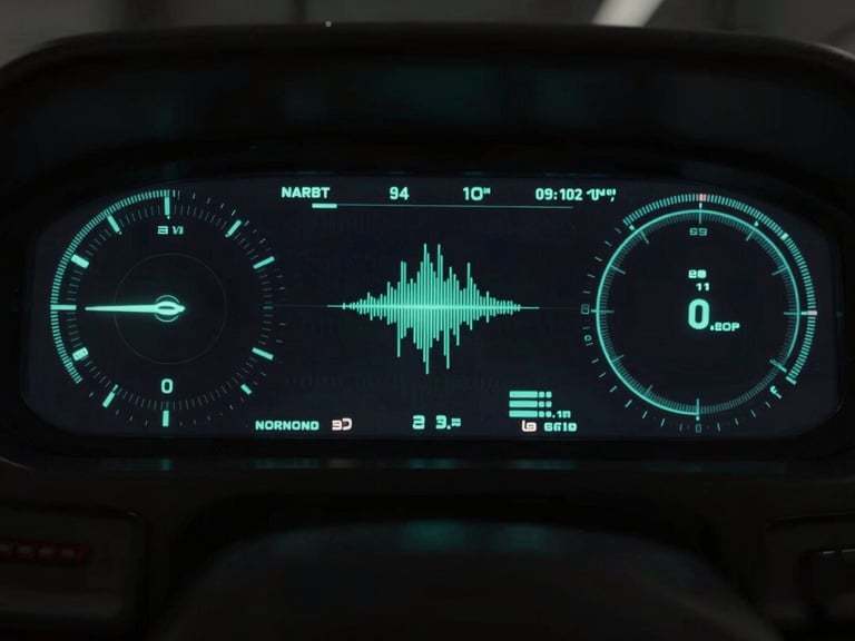 Dark desaturated cyberpunk cockpit screen displaying high-speed telemetry, glowing neon cyan vector graphics, high-contrast low-key lighting, anamorphic lens