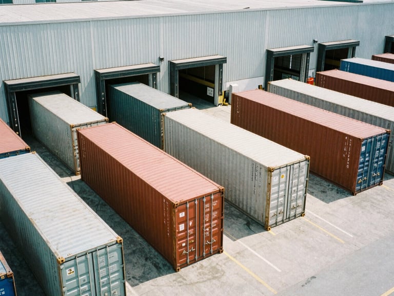 Wide-angle industrial cargo loading dock, shipping containers being organized, bright natural daylight, high contrast, 35mm