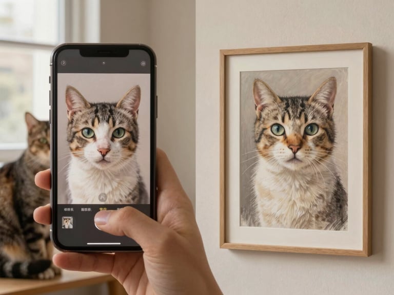 Side-by-side comparison of a pet owner's smartphone photo of a cat next to a completed, beautifully framed pastel portrait on a plaster wall