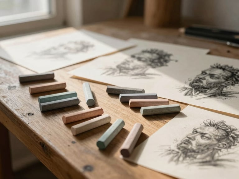 Warm editorial photograph of a rustic wooden studio table covered in hand-sorted soft pastel sticks, charcoal sketches, and natural daylight casting soft shadows.