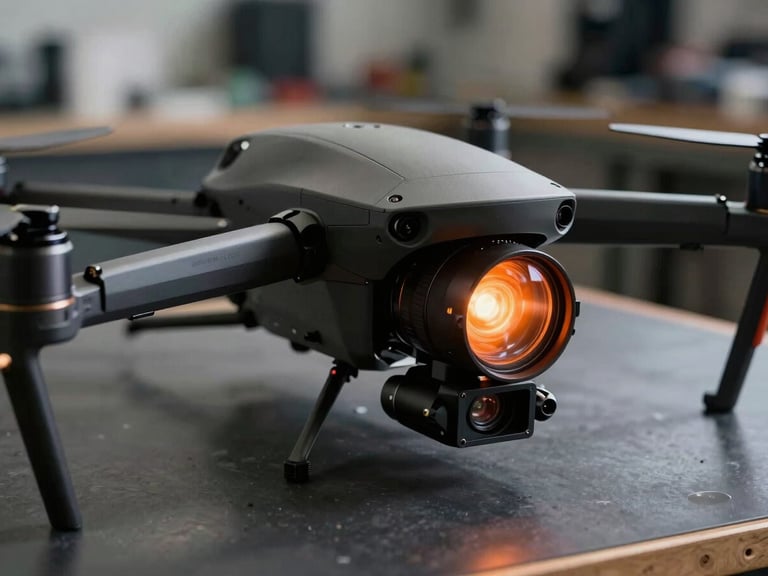 A precise close-up of a high-end enterprise radiometric drone being calibrated on a dark industrial workbench, high-contrast technical lighting, orange thermal sensor lens reflecting amber light.