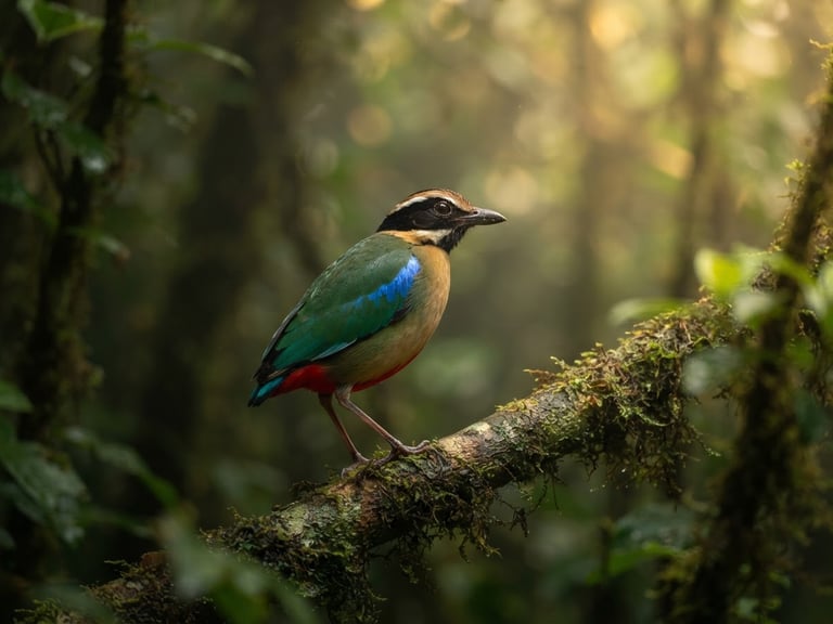Telephoto close-up of a vibrant Indian Pitta perched on a mossy branch, dappled forest light, shallow depth of field, 300mm lens.