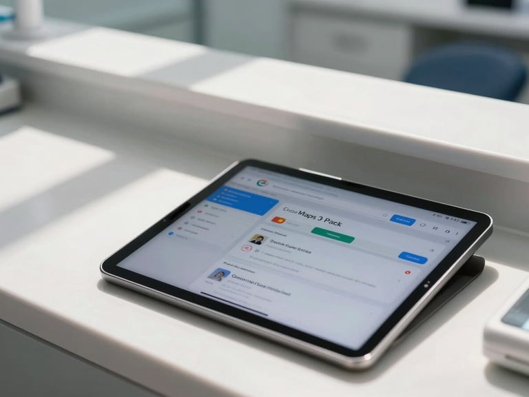 A close-up photograph of a modern dental clinic reception desk, bright natural sunlight casting soft shadows, with a tablet screen in the foreground displaying a Google Maps 3-Pack search result showing their clinic ranked first.
