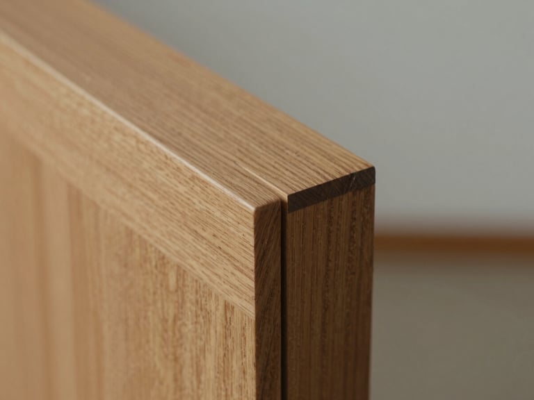 Macro close-up of a cabinet door joinery edge, warm oak wood grain running diagonally across the frame, tight dovetail joint visible in sharp focus, overcast soft natural light from one side, neutral gray background out of focus, no people, no staging