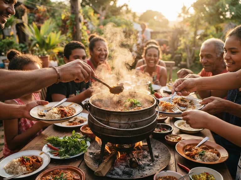Warm golden-hour editorial photography of hands sharing a traditional Reunionese meal around a large cast-iron pot, steam rising, authentic community atmosphere.