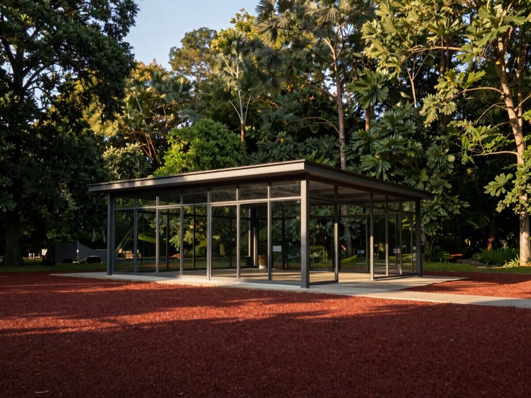 Wide-angle exterior shot of a modern steel and glass architectural pavilion in a dense forest, low-angle golden hour lighting, deep shadows.