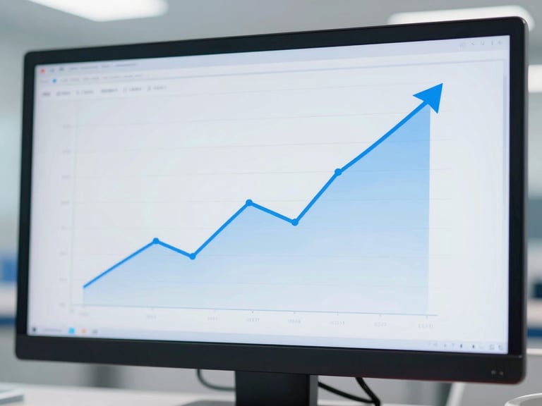 Abstract data visualization on a monitor, showing upward trends and analytics, clean editorial photography, bright natural daylight, surgical blue accents, sharp focus.