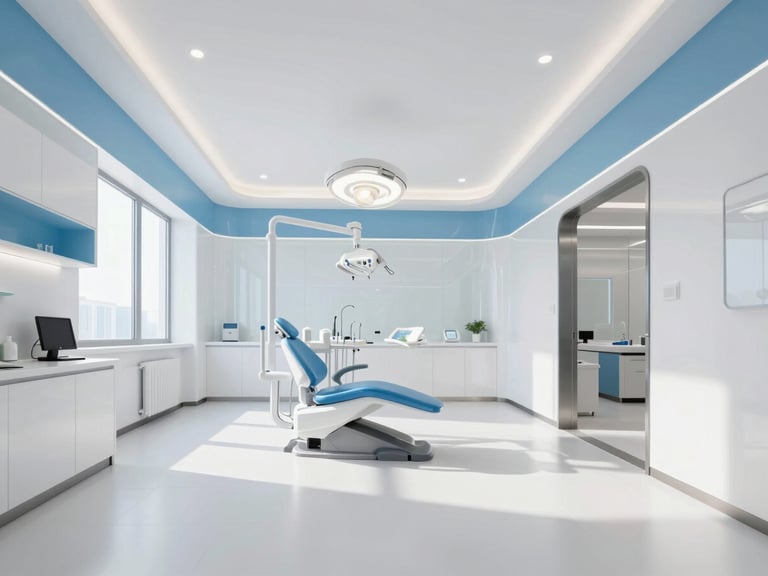 Wide shot of a pristine, modern dental clinic interior with clean lines and natural light, surgical blue accents, high-end architectural lens, sharp focus.