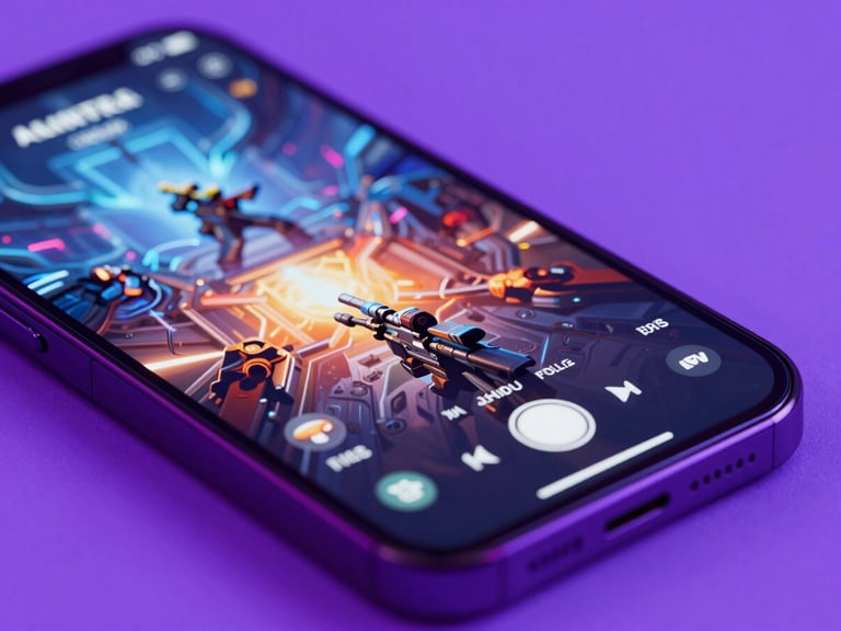 Close-up macro of a modern smartphone displaying a vibrant sci-fi shooter game, neon violet backlighting, sharp focus on screen UI, 35mm.