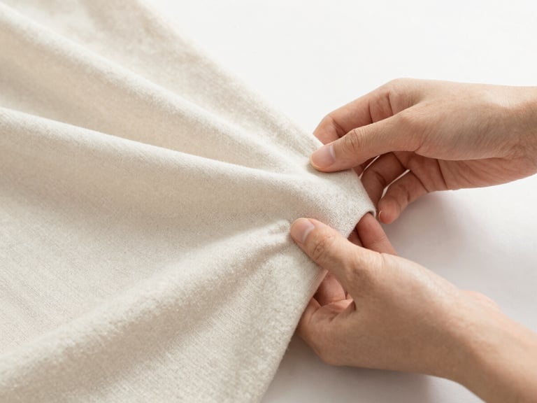 Close-up of a hand gently touching a breathable cotton-silk fabric, highlighting its soft texture and natural sheen, soft diffused natural daylight.
