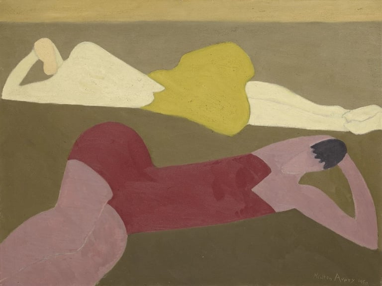 Milton Avery painting depicting two relaxed figures reclining on a beach, featuring simplified forms and soft, muted tones
