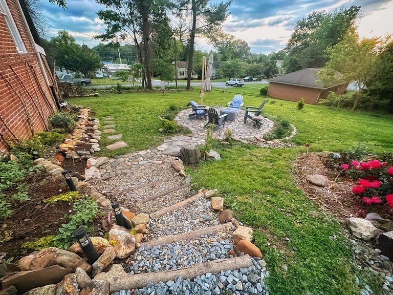 backyard stone stairs and fire pit 2123 rivermont