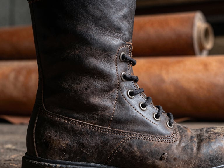 Detail shot of the double-stitched leather seams on a safety boot, showcasing the texture and craftsmanship, against a backdrop of raw leather rolls in an industrial factory, high-contrast lighting, 35mm.