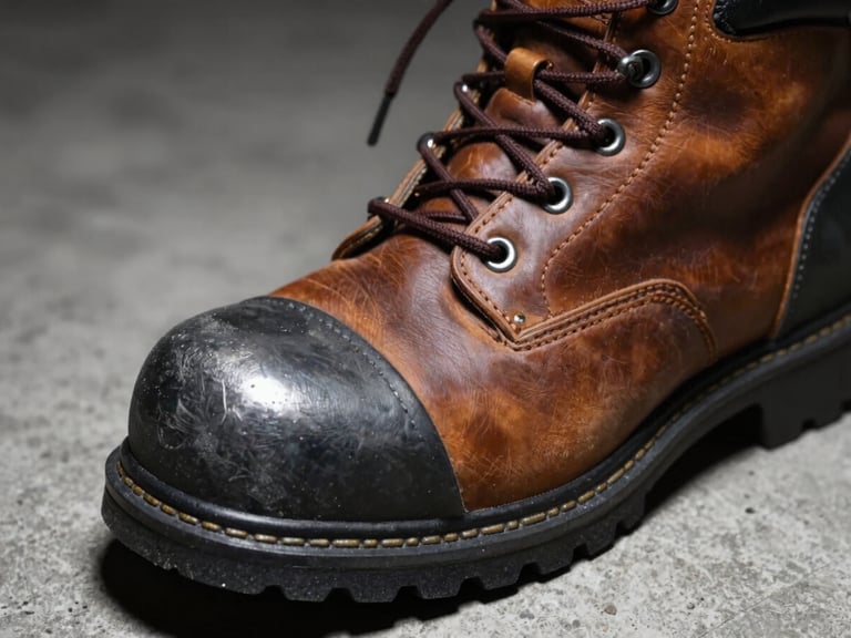 Close-up macro shot of a heavy-duty safety boot with a visible steel toe cap, industrial concrete background, high-contrast side lighting, deep charcoal and warm leather tones, 35mm.