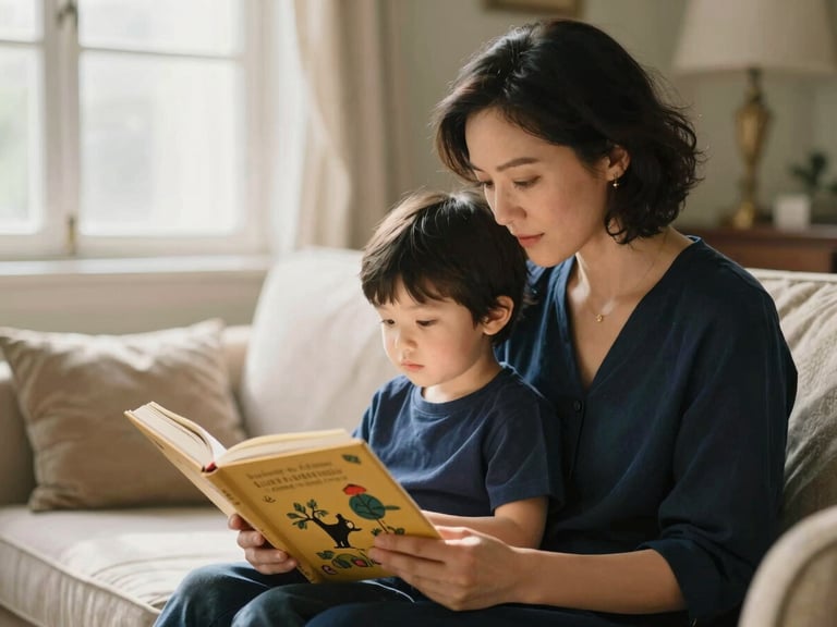 A mother and child reading a beautifully illustrated book together in a sunlit living room, soft focus, warm atmosphere, elegant and quiet setting, 35mm