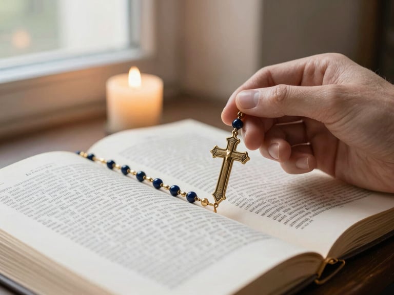 Close-up of a hand holding a vintage rosary over an open page of classical Latin typography, soft warm candlelight, shallow depth of field