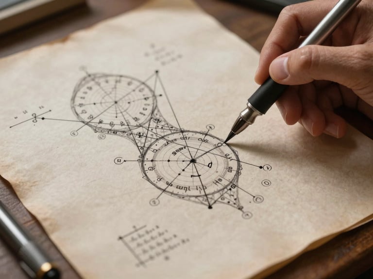Macro shot of hand-drawn birth charts on aged parchment paper, with ink pens and mathematical calculations visible under low-key evening study light.