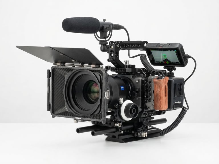 Studio product shot of a high-end camera cage with a matte box and microphone attached, clean white background, sharp focus, glass reflections, 85mm lens