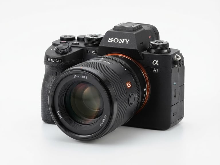 Sharp studio product photography of a premium mirrorless camera body, clean white background, high-key lighting, 85mm lens