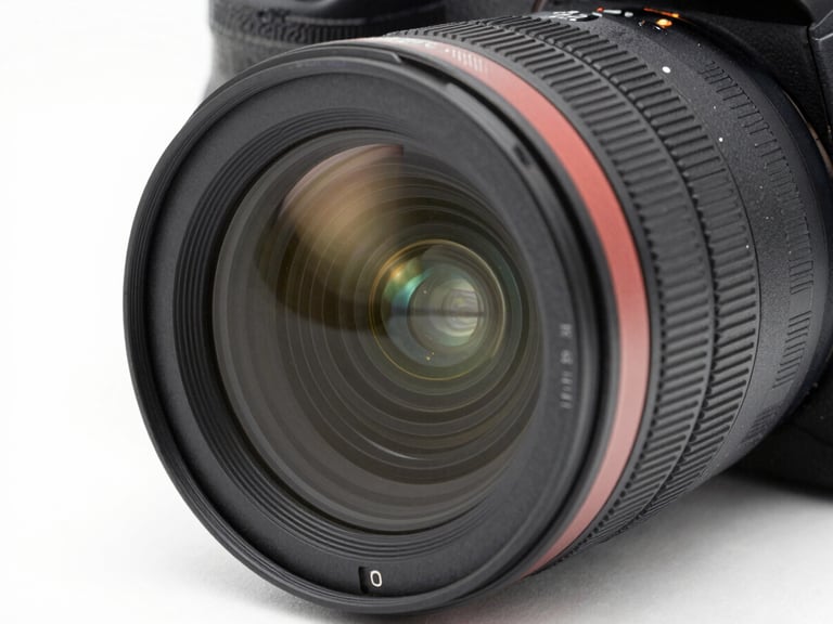 Close-up of a professional camera lens showing the glass elements and focus rings, studio lighting, clean white backdrop