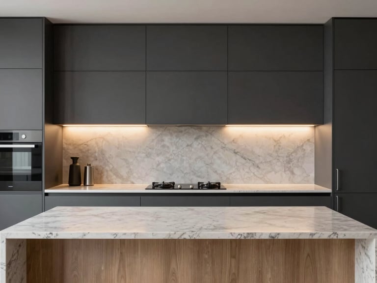 Straight-on architectural photograph of a modern kitchen with matte charcoal cabinetry, warm integrated LED under-cabinet lighting, and a seamless quartz countertop meeting veneer panels.