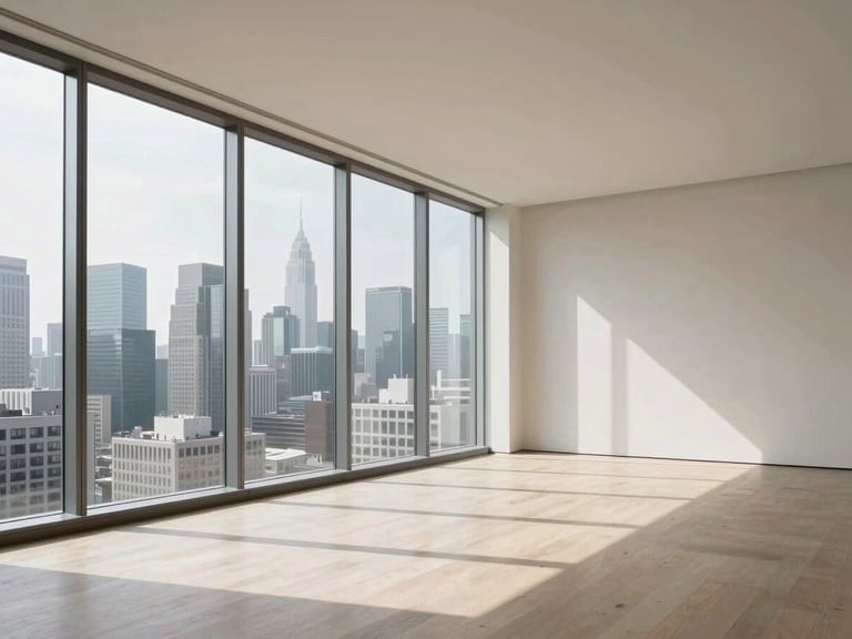 Wide panoramic sun-drenched minimalist interior of a high-spec penthouse, floor-to-ceiling windows revealing the city skyline, generous negative space on the right.